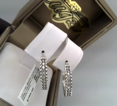 $799- 1/4CT TW WHITE NATURAL Diamond HINGE BACK ! HOOP EARRINGS SS/14K PL 925 - Image 1 of 4