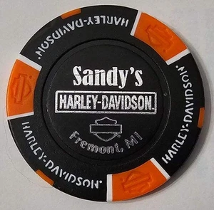 Ficha de póker Sandy's Harley-Davidson Fremont MI negra/naranja firma - Imagen 1 de 2