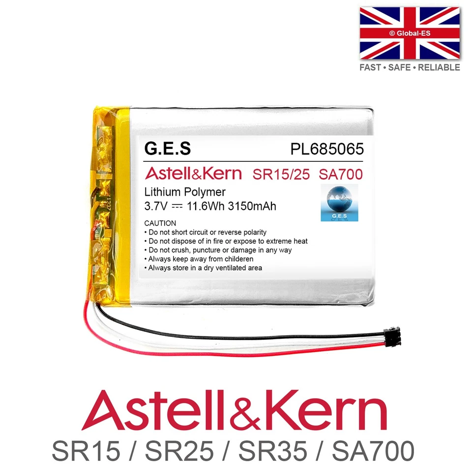 G.E.S Batería de reproductor de audio portátil Astell & Kern SR15 SR25 - PL685065 3.7V 3150mAh