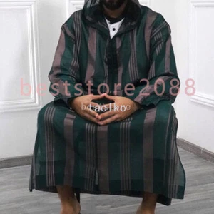 Men's Muslim Clothing Long Sleeve Islamic Hooded Saudi Arab Kaftan Robe Striped - Picture 1 of 17