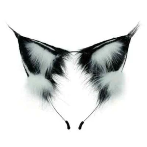Tufted Tips Wolf Ears Luxury Faux Fur Fox Ears Headband Black White Realistic - Picture 1 of 5