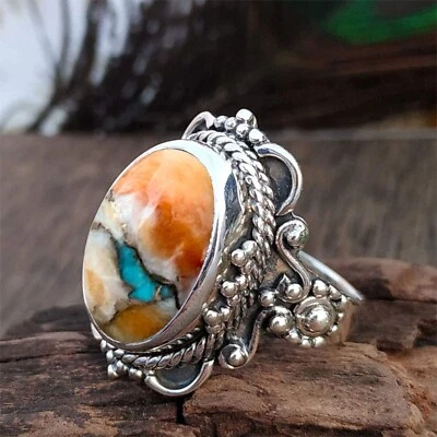 Anillo de plata esterlina 925 hecho a mano joyería ostra espinosa cobre turquesa sólido Foto 1 de 4