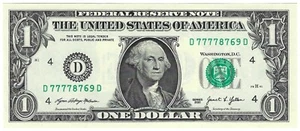 Five of a Kind 7s Fancy Serial Number One Dollar D77778769 2021 UNC Quad 7s - Bild 1 von 2