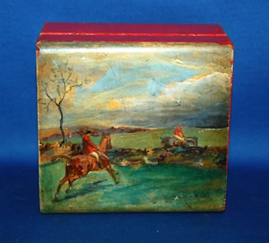 An antique handpainted fox hunting scene trinket box, 19th century, equestrian - Picture 1 of 7
