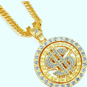 Gold Spinning Dollar Sign Pendant Necklace - Picture 1 of 3