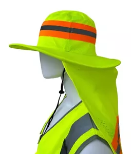 Hi Vis Reflective Work Safety Neck Flap Boonie Hat Yellow Bucket Cap - Picture 1 of 3