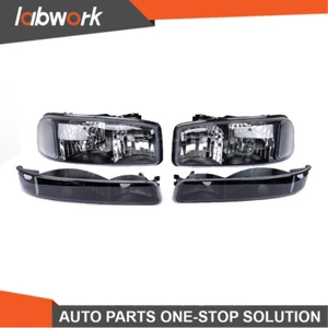 Labwork Headlight For 1999-07 GMC Sierra 1500&2000-06 Yukon Black Housing RH+LH - Picture 1 of 18