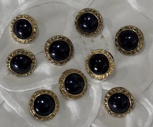 Vintage Gold & Black Shank Buttons With Design x 9 Plastic 1.5cm - Picture 1 of 4