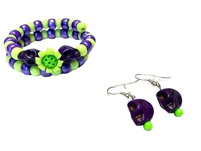 Juego de pulsera/pendiente calavera día de los muertos joyería de Halloween verde púrpura SB13 Foto 1 de 3