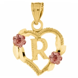 Genuine 14k Two-tone Gold 0.66" Initial R Heart-shaped Flower Pendant For Women - Picture 1 of 5