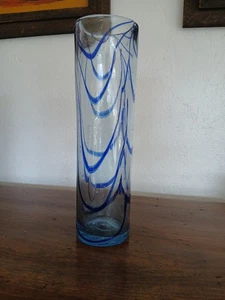 11" Tall Hand Blown Mexican Glass Cylindrical Vase Blue Swirl Bubbles Beautiful  - Picture 1 of 8