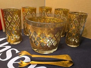 Culver Valencia 22K Gold Green Diamond Accents Ice Bucket w/ Tongs MCM 5 Glasses - Picture 1 of 8