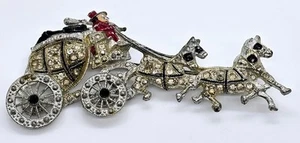 Antique Vintage 1930's Jeweled & Enameled Four Horse Cinderella Carriage Brooch - Picture 1 of 5