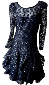 Julie Duroche For After Five Black Saks Fifth Avenue Ruffled Lace Dress Vtg 12 - Picture 1 of 9