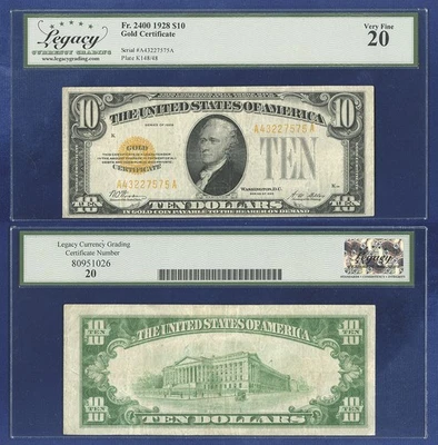 USA 10 DÓLARES 1928 CERTIFICADO ORO MUY FINO BLOQUE 20 AA Foto 1 de 2