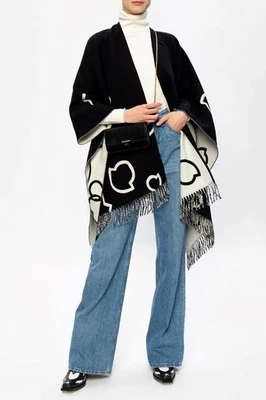 NEW MONCLER BLACK GRAY WOOL REVERSIBLE LOGO PONCHO CAPE JACKET ONE SIZE - Image 1 of 4