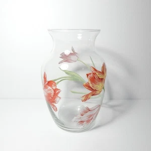 Telefora Clear Glass 7 5/8" Tall Vase /w Red Yellow Tulip Hand Painted Detail - Picture 1 of 9