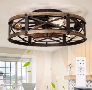 Farmhouse Flush Mount Caged Ceiling Fans with Lights 6 Speeds Rustic Low Profile - Picture 1 of 6