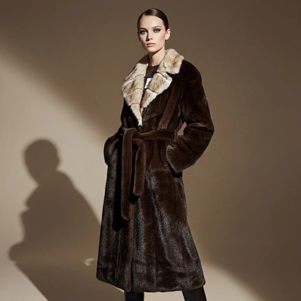 Роскошная норковая шуба длинный темно-коричневый подпоясанный Тренч контраст воротник - Изображение 1 из 1