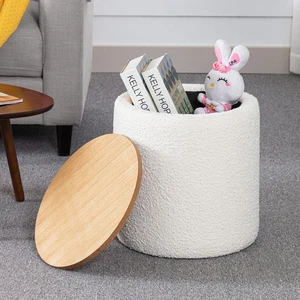 Beige Storage Ottoman with Wooden Lid, Tufted Boucle Fabric, round Side Table Po - Picture 1 of 9