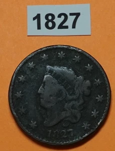 1827 Corona/Cabeza de Matrón CENTAVO GRANDE EE. UU. TARIFAS DE MONEDAS DE COBRE: BUENO-MUY BUENO - Imagen 1 de 2