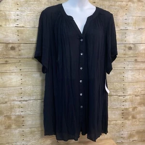 Roamans Size 32 Black Crinkle Gauze Blouse Tunic Top V Neck Short Sleeve NWT - Picture 1 of 10