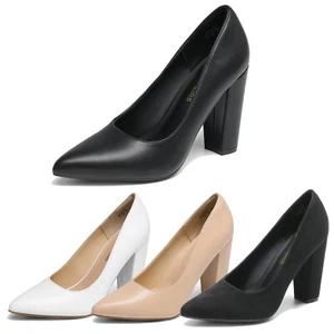 Women Pumps High Chunky Block Heels Pointed Toe Wedding Party Work Dress Shoes - Picture 1 of 16