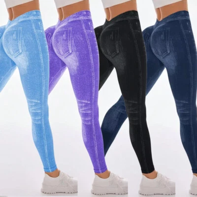 Women V Back Denim Print Fitness Leggings Scrunch Butt Lift Low V Cut Yoga Pants - Image 1 of 4