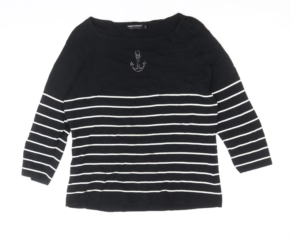 Suéter de viscosa Debbie Morgan para mujer negro cuello cuchara a rayas talla L Foto 1 de 4