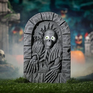 Morris Costumes 2 ft Gray Plastic Skeleton Tombstone with Moving Eyes Decoration - Picture 1 of 3
