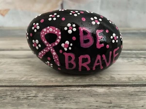 Artisan Hand Painted Rock | Breast Cancer "BE BRAVE" floral Ribbon Rock Art - Picture 1 of 2