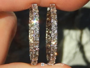14K WHITE GOLD 3.00 TCW DIAMOND INSIDE OUTSIDE 1.2 INCH LEVERBACK HOOP EARRINGS - Picture 1 of 12