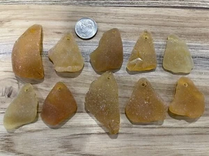 Sea glass - 10 Large Top Drilled Pieces Of  Amber/Orange Sea Glass - Picture 1 of 2