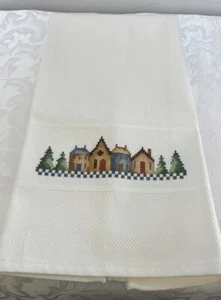 White Hand Towel Christmas CrossStitch Embroidery Row Houses & Welcome 26” X 16 - Picture 1 of 3