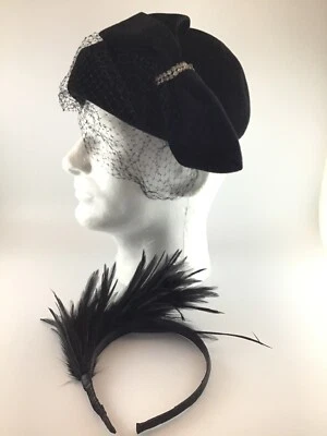 Vintage Original 40s Merrimac Hat Feather Hairband Beret Velour Regale Womens - Image 1 of 4