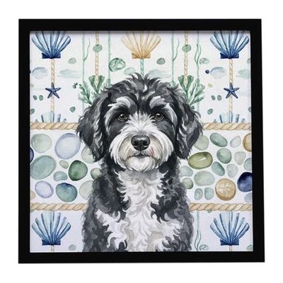 Portuguese Water Dog Coastal Sea Glass Framed Metal Print WDK7178MFP88 - Image 1 of 4