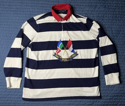 Polo Ralph Lauren Crossed Flags Striped Rugby Shirt Men’s XL Black White Stripes - Image 1 of 4