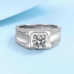Men's 18K Solid 925 Sterling Silver 1CT Round Cut Moissanite Ring (Size 9-12) - Picture 1 of 4