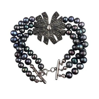 Pulsera de plata de ley triple cadena de perlas reales con flor de marcasita Tailandia 7,5" Foto 1 de 4