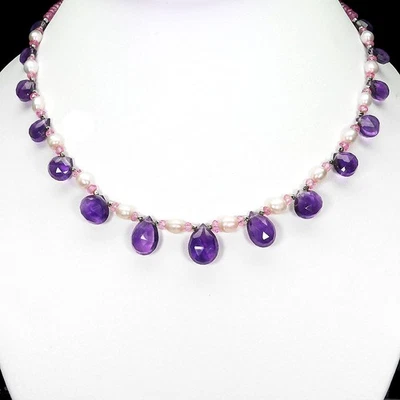 Collar de plata de ley 925 Briolette amatista perla topacio rosa piedras preciosas 16,5 Foto 1 de 4