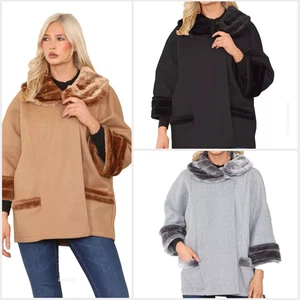 Italienischer warmer Damen-Cape-Poncho Kunstfell Wintermantel zwei Taschen Freizeit UK 8–20 - Bild 1 von 7