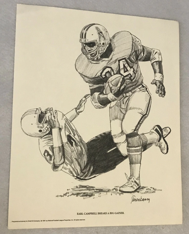 Póster de boceto a lápiz Shell Tanenbaum 1981 vintage de Earl Campbell Foto 1 de 1