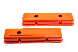 1958-86 CHEVY SMALL BLOCK 283-305-327-350-400 SHORT VALVE COVERS - ORANGE - Picture 1 of 4