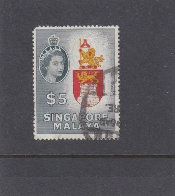 SINGAPORE 1955 PICTORIAL $5 COAT OF ARMS SG.52 USED - Image 1 of 2