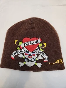 Ed Hardy Love Kills Slowly Brown Beanie 7.5" X 7. 75" - Picture 1 of 5