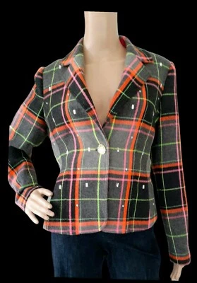 Berek Gray Multicolored Neon Plaid Wool Blazer Embellished Bling Jacket Medium - Image 1 of 4