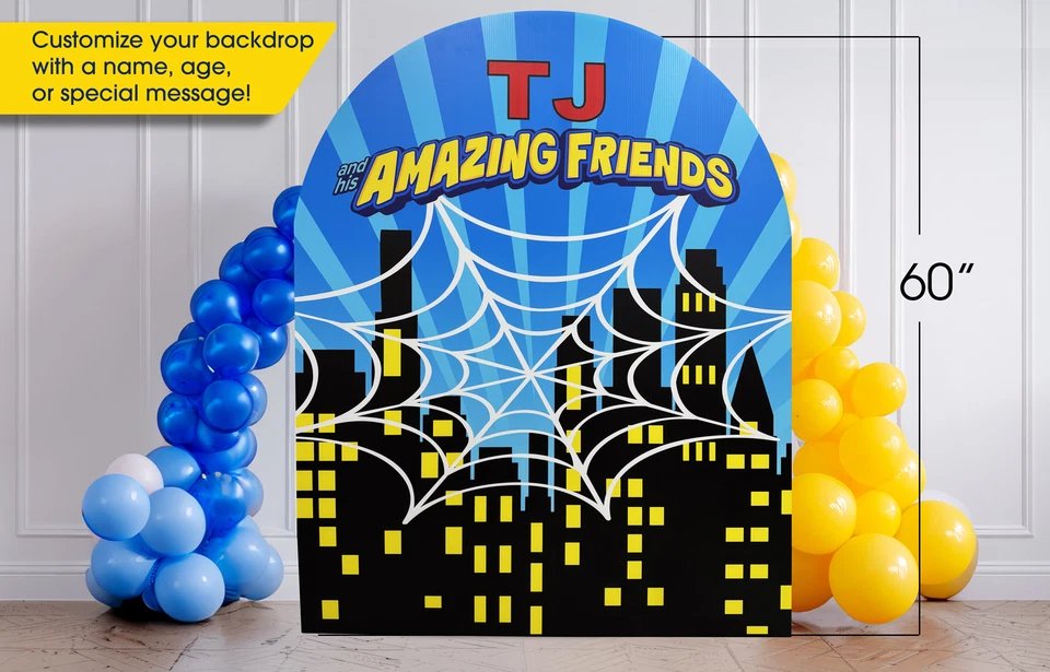 Un telón de fondo azul y amarillo con diseño de tela de araña, telón de fondo Spidey Foto 1 de 1