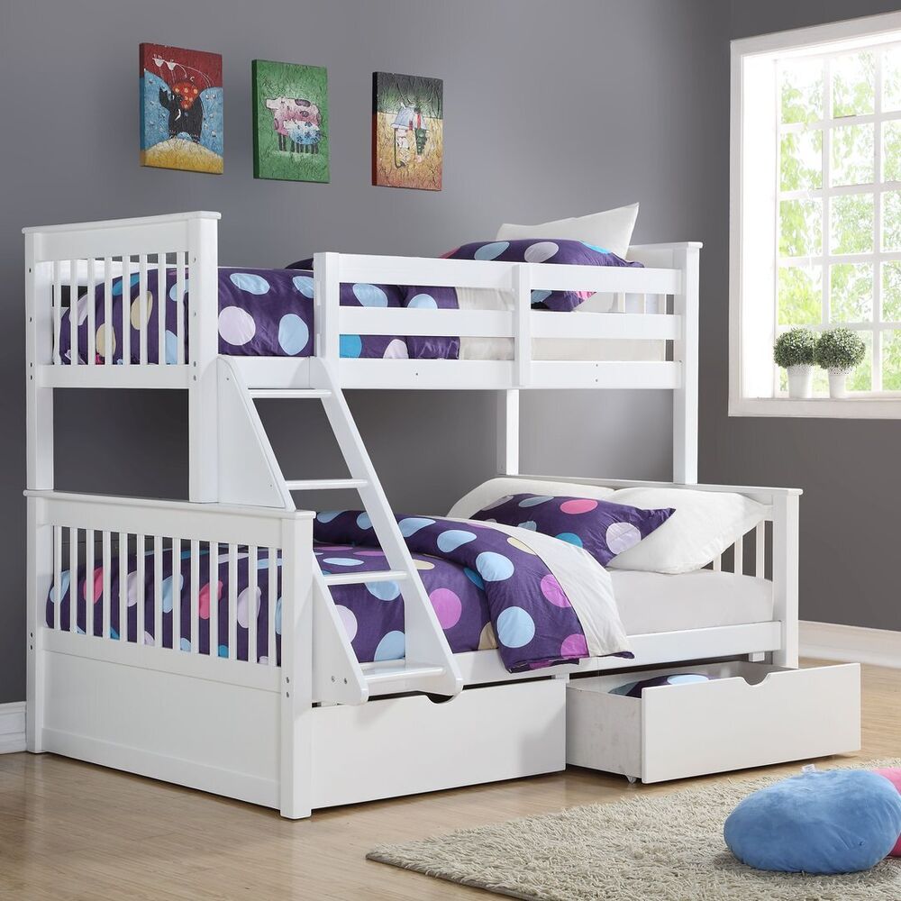 Wooden Triple Sleeper Bunk Bed And Drawers - Pine Double Bunks - Grey White Oak