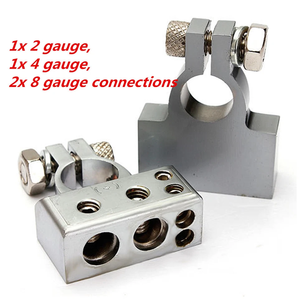Pair silver Tone Car Postive Negative Battery Terminals Clamp 2 4 8 Gauge Car  - Image 1 of 4