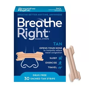 Breathe Right Nasal Strips Sm/Med Tan 30 Count*Exp:12/27*FREE SHIPPING* - Picture 1 of 1